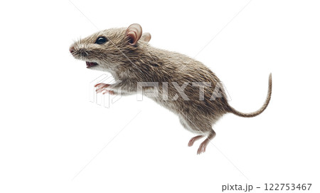 Grey rat leaps energetically in a side view against a white background showcasing its agility and lively nature 122753467