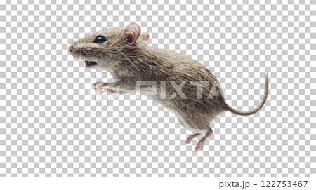 Grey rat leaps energetically in a side view against a white background showcasing its agility and lively nature 122753467