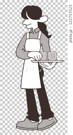 Female cafe attendant holding a tray, full body 122753523