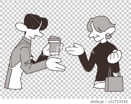 お客にコーヒーを渡すカフェ店員 お客にコーヒーを渡すカフェ店員 122753526