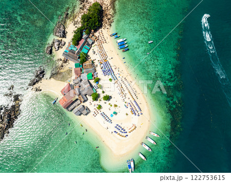 Aerial view drone shot of Amazing small island beautiful tropical sandy beach landscape view at koh Khai Island in Phang Nga Thailand Aerial view drone shot of Amazing small island beautiful tropical sandy beach landscape view at koh Khai Island in Phang Nga Thailand 122753615