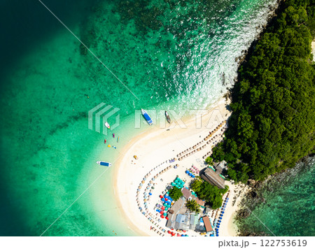 Aerial view drone shot of Amazing small island beautiful tropical sandy beach landscape view at koh Khai Island in Phang Nga Thailand 122753619