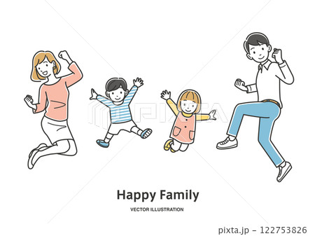 歓喜してジャンプする4人家族 歓喜してジャンプする4人家族 122753826