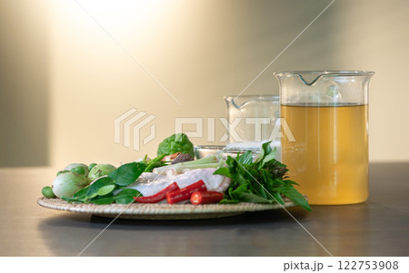 The ingredients, including chicken wings, chilli, kaffir lime leaves and lemongrass, are prepared to be cooked for a famous thai dish, Green Curry. The ingredients, including chicken wings, chilli, kaffir lime leaves and lemongrass, are prepared to be cooked for a famous thai dish, Green Curry. 122753908