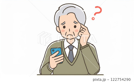 スマートフォンの操作が分からない高齢者(?マーク) スマートフォンの操作が分からない高齢者(?マーク) 122754290