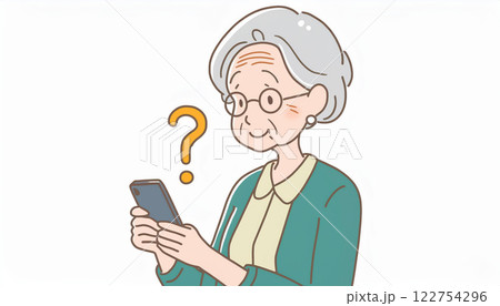 スマートフォンの操作が分からない高齢者(?マーク) 122754296