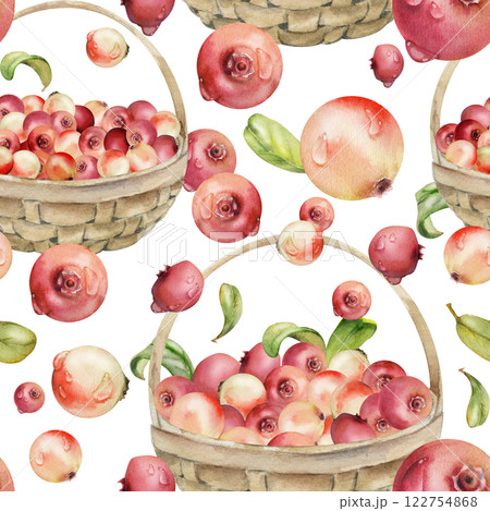 Lingonberry cranberry with leaves in weaved basket, heap of ripe picked forest berry harvest hand drawn in watercolor. Isolated seamless pattern. Home preserves, cafe menu, recipe book, farmers market Lingonberry cranberry with leaves in weaved basket, heap of ripe picked forest berry harvest hand drawn in watercolor. Isolated seamless pattern. Home preserves, cafe menu, recipe book, farmers market 122754868