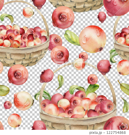 Lingonberry cranberry with leaves in weaved basket, heap of ripe picked forest berry harvest hand drawn in watercolor. Isolated seamless pattern. Home preserves, cafe menu, recipe book, farmers market Lingonberry cranberry with leaves in weaved basket, heap of ripe picked forest berry harvest hand drawn in watercolor. Isolated seamless pattern. Home preserves, cafe menu, recipe book, farmers market 122754868