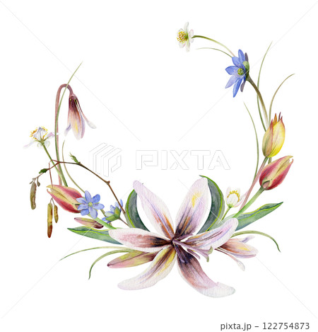 Branch with catkins, spring flowers, yellow and red tulip, fawn trout lily, blue hepatica forget-me-not hand drawn in watercolor. Wreath frame illustration isolated on white. Wedding, florist shop Branch with catkins, spring flowers, yellow and red tulip, fawn trout lily, blue hepatica forget-me-not hand drawn in watercolor. Wreath frame illustration isolated on white. Wedding, florist shop 122754873