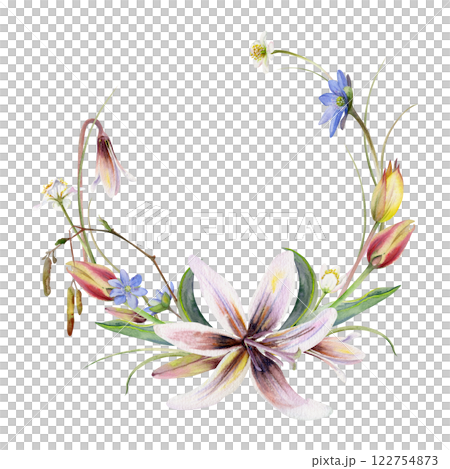 Branch with catkins, spring flowers, yellow and red tulip, fawn trout lily, blue hepatica forget-me-not hand drawn in watercolor. Wreath frame illustration isolated on white. Wedding, florist shop Branch with catkins, spring flowers, yellow and red tulip, fawn trout lily, blue hepatica forget-me-not hand drawn in watercolor. Wreath frame illustration isolated on white. Wedding, florist shop 122754873