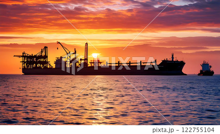 a beautiful sunset over the ocean, with a large ship and offshore oil drilling platforms. 122755104