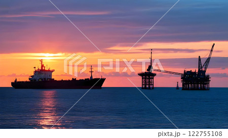 a beautiful sunset over the ocean, with a large ship and offshore oil drilling platforms. 122755108