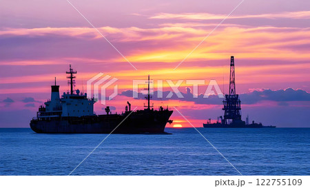 a beautiful sunset over the ocean, with a large ship and offshore oil drilling platforms. 122755109