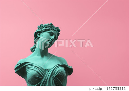 A lovely female stone sculpture set against a pink background. Created with generative AI tools 122755311