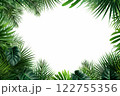 A copyspace with a frame of lush green tropical leaves set against a clean white background. Created with generative AI tools 122755356