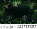 The background is framed by fresh, lush green jungle palm leaves in vibrant shades. Created with generative AI tools 122755357