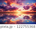 A picturesque sunset unfolds above the calm lake, where the sky is adorned with pink and purple clouds, and the horizon exudes a sense of serenity. Created with generative AI tools 122755368