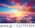 The sky is transformed into a magnificent canvas as the sun sets, bathing the clouds in a dazzling array of colors a truly remarkable and vivid sunset landscape. Created with generative AI tools 122755369