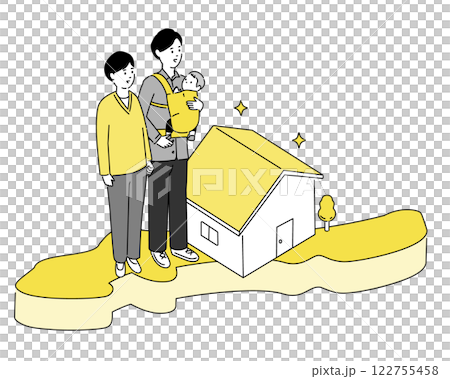 Map of Okinawa prefecture and young family and house illustration, vector 122755458