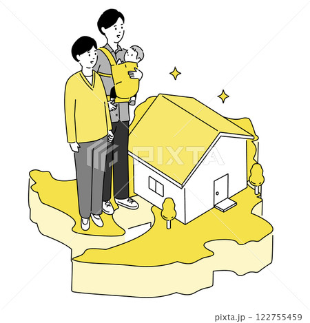 鹿児島県の地図と若い家族・家のイラスト、ベクター 鹿児島県の地図と若い家族・家のイラスト、ベクター 122755459