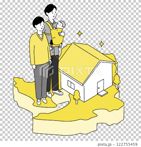 鹿児島県の地図と若い家族・家のイラスト、ベクター 鹿児島県の地図と若い家族・家のイラスト、ベクター 122755459