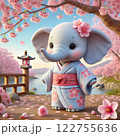 桜の下にいる着物を着た水色の象 122755636