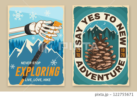 Set of hiking outdoor adventure flyer, poster, banner with human skeleton hand holding hiker pole, hiking boots, mountains. Vector 122755671