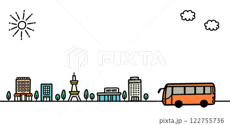 観光　バス　街並み　手書き　かわいい　イラスト　背景　バナー 122755736
