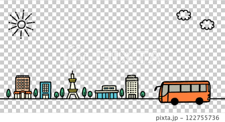 観光　バス　街並み　手書き　かわいい　イラスト　背景　バナー 122755736