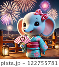 花火を見ている着物を着た水色の象 122755781