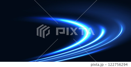 Futuristic glowing blue swirl rays on dark blue background. Hi-speed night effect blur speed motion moving. 122756294