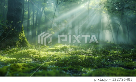 serene morning in a moss-covered forest, vibrant green moss 122756493