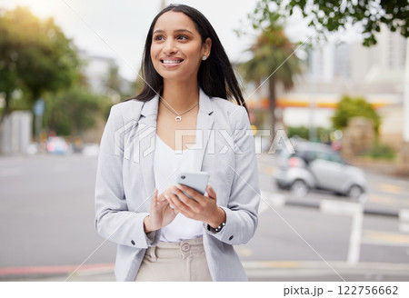 Happy woman, phone and walking in city while on break and exploring business opportunity on urban street while texting or browsing internet. Entrepreneur looking for motivation while using mobile app Happy woman, phone and walking in city while on break and exploring business opportunity on urban street while texting or browsing internet. Entrepreneur looking for motivation while using mobile app 122756662
