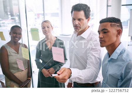 Project manager, business team and diversity while planning for innovation with post it notes on a glass wall. Coach or leader sharing strategy for vision, mission and ideas in a marketing meeting 122756752