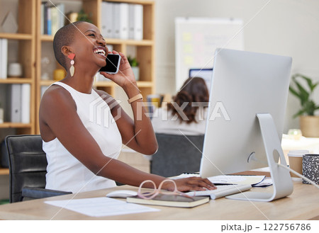 Comic, black business woman or phone call networking with customer on communication technology in office. Smile, happy or rapport building marketing designer with computer sharing brand strategy idea Comic, black business woman or phone call networking with customer on communication technology in office. Smile, happy or rapport building marketing designer with computer sharing brand strategy idea 122756786