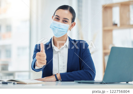 Thumbs up, mask portrait and Covid safety business woman with face protection for serious illness. Corporate virus policy procedure for good health, hygiene and satisfaction of employees. Thumbs up, mask portrait and Covid safety business woman with face protection for serious illness. Corporate virus policy procedure for good health, hygiene and satisfaction of employees. 122756804