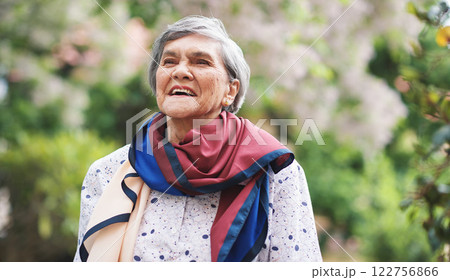 Happy, senior woman and garden or park with smile from walk, spring and nature. Elderly female person, calm and outdoor of retirement home or on vacation with travel in London with joy and confidence Happy, senior woman and garden or park with smile from walk, spring and nature. Elderly female person, calm and outdoor of retirement home or on vacation with travel in London with joy and confidence 122756866