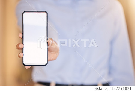 Marketing, advertising and digital phone mockup in the hands of a user for branding, message or text. Hand showing mobile device for copy paste, test apps or software UI display or screen design. Marketing, advertising and digital phone mockup in the hands of a user for branding, message or text. Hand showing mobile device for copy paste, test apps or software UI display or screen design. 122756871