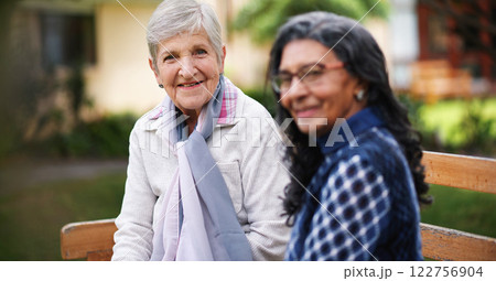 Portrait, smile and bench with senior women, love and bonding together with retirement, park and friends. Old ladies, outdoor and mature people with experience, happiness and joy with weekend break Portrait, smile and bench with senior women, love and bonding together with retirement, park and friends. Old ladies, outdoor and mature people with experience, happiness and joy with weekend break 122756904