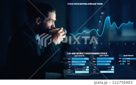 Businessman drink coffee with hologram stock market data analytics to trade in future tech business economy. Futuristic technology company investment trader invest or trading with corporate finance 122756983