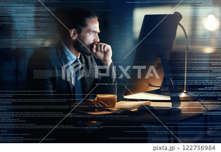 Big data, tech coding of a fintech programmer writing futuristic technology code on computer at night. AI engineer, cloud computing and ux design of software developer checking information database 122756984