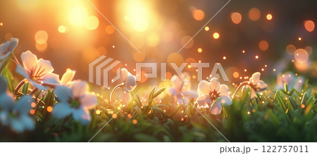 Ethereal small white flowers in grass with sun rays and bokeh effect 122757011