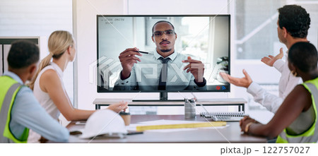 Construction teamwork, webinar video conference call and engineer workshop with manager, boardroom meeting and contractor business planning. Global architecture designers with industrial presentation 122757027