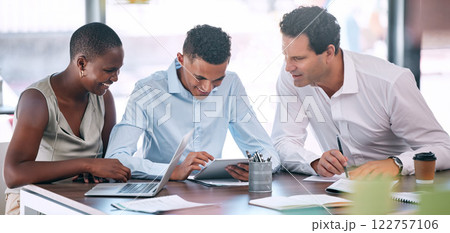 Diversity, teamwork and digital tablet marketing in business meeting, collaboration and strategy planning in office. Smile, happy or innovation motivation with technology for target audience research Diversity, teamwork and digital tablet marketing in business meeting, collaboration and strategy planning in office. Smile, happy or innovation motivation with technology for target audience research 122757106