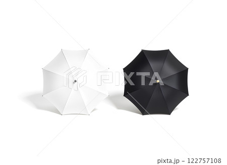 Black and white umbrella mockups, isolated, top view, clipping path. Parasol surface design mock up set. Plain bumbershot shape template. Clear opened umbel from above. Gingham accessory blanding top 122757108