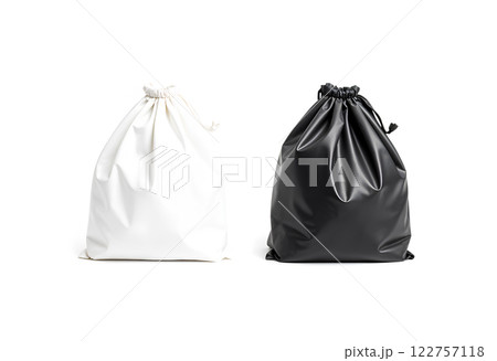 Blank black and white cellophane plastic t shirt bag mock up, 3d rendering. Empty plastic package mockup, isolated. Product food packet template 122757118