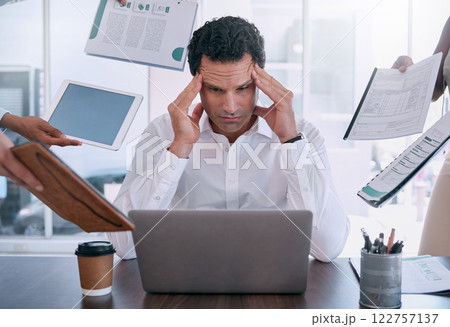 Stress, headache and burnout mindset of a business man working on laptop in office. Tax manager, leader or employee with mental health from job contract, compliance and report. Stress, headache and burnout mindset of a business man working on laptop in office. Tax manager, leader or employee with mental health from job contract, compliance and report. 122757137