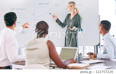 Business people in finance meeting at work, in discussion about data and charts and company growth for future in a boardroom at work. Corporate worker and employee doing financial presentation 122757220