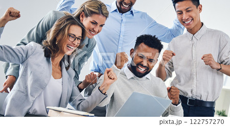 Celebration, winning and fist pump business people with laptop reading email report for finance, profit or success. Victory, bonus or yes hands sign of diversity team with good trading or crypto news Celebration, winning and fist pump business people with laptop reading email report for finance, profit or success. Victory, bonus or yes hands sign of diversity team with good trading or crypto news 122757270