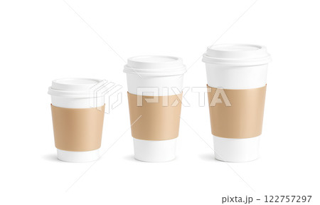 Blank white paper cup with craft sleeve holder mockup set, isolated, 3d rendering. Empty disposable container with clutches for coffee or tea mock up. Clear drink pack with zarfs different size. 122757297
